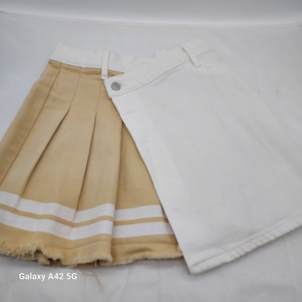 Tractr‎ Girls Skirt Size 12 Beige White Pleated Denim Wrap A-Line